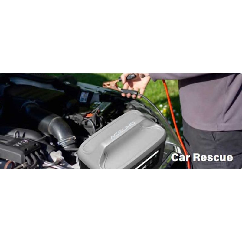 Person working on a car engine with 'Car Rescue' text overlay charging car battery with an Aeon Guardians G1200 power station