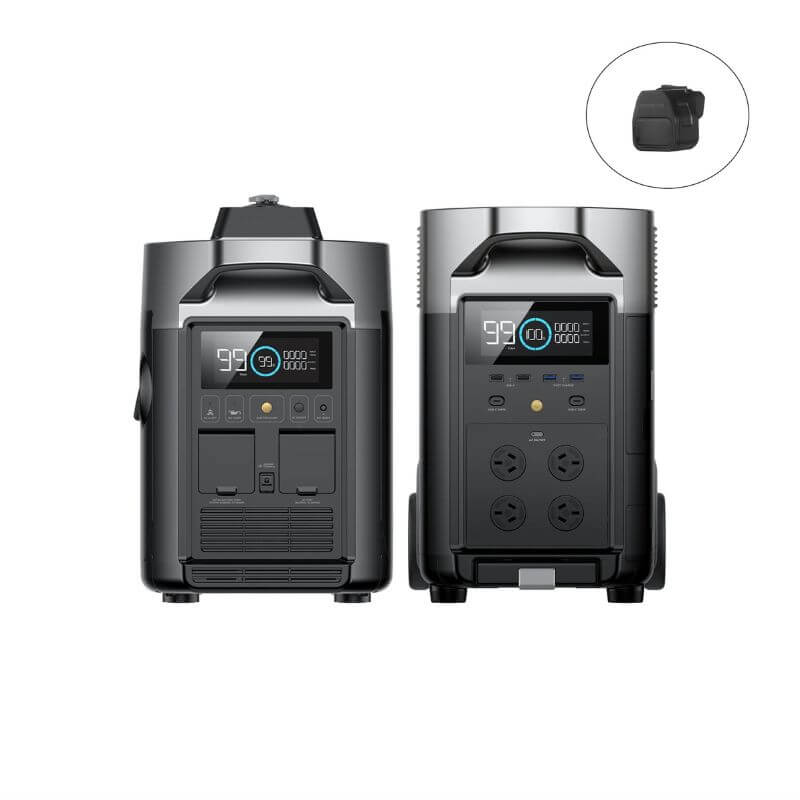 Two black Delta pro power stations with digital displays on a white background