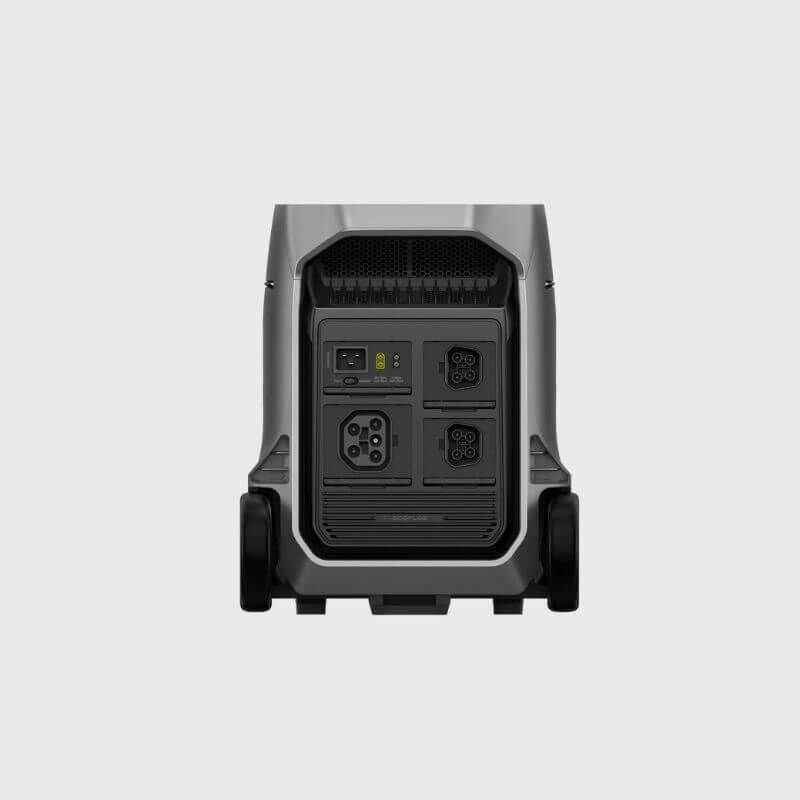 DELTA PRO 3 Power Station Back view of a portable power station with outlets on a light gray background
