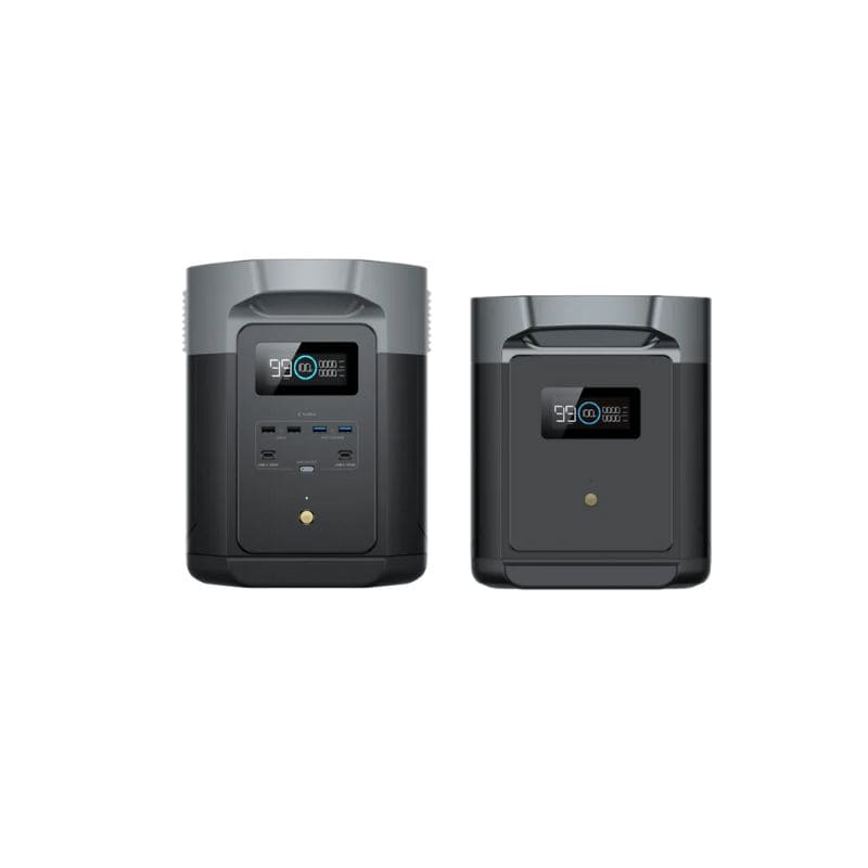 2 EcoFlow DELTA 2 Max extra batteries with digital displays on a white background