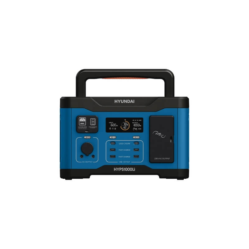 Hyundai 1000W Lithium Power Station - 921Wh LiFePO4 with handle up, placed on  white background.
