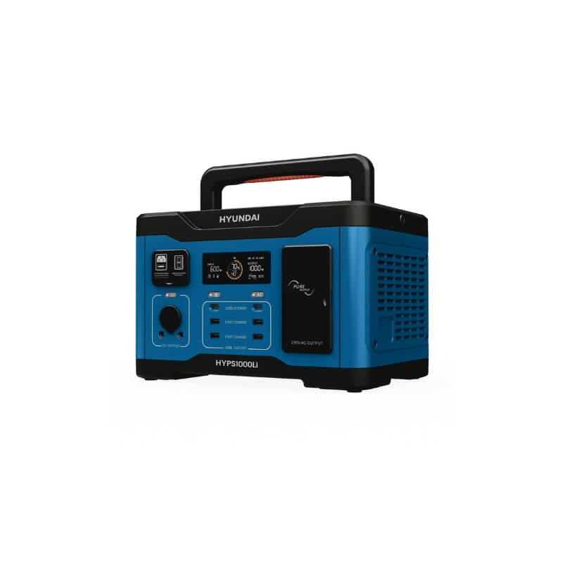 Hyundai 1000W Lithium Power Station - 921Wh LiFePO4 angular view with handle raised on a white background.