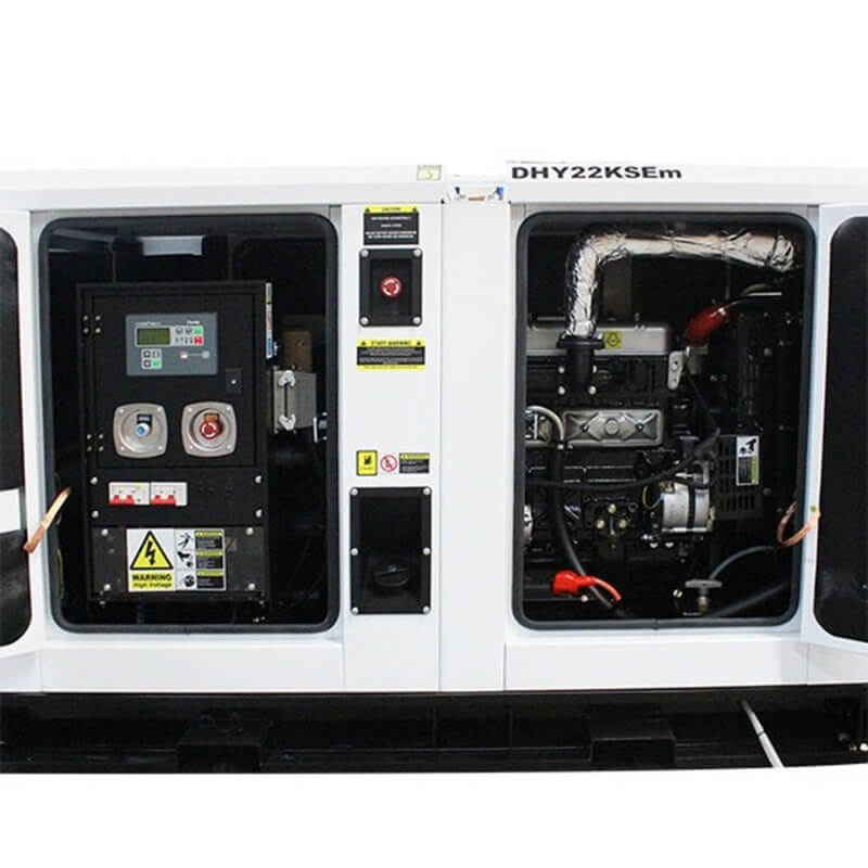 Hyundai 27.5kVA Single Phase Diesel Generator, with  generator panel doors opened revealing the inner components