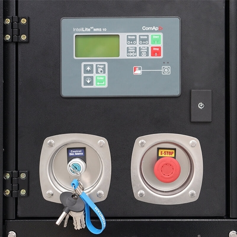 Hyundai 27.5kVA Single Phase Diesel Generator.  Image showing digital screen a bunch of generator keys and a red button.