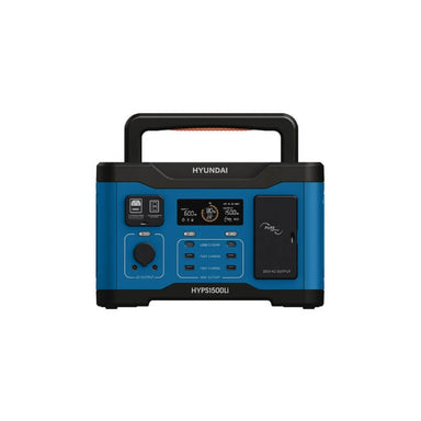 hyundai-1500w-lithium-power-station front view with raised handle, on a white backgound.
