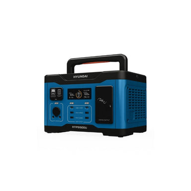Hyundai 1500w lithium power station's angular view, showing it's handle raised.