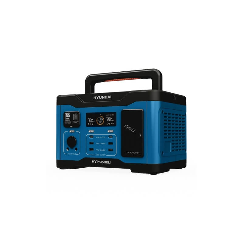 Hyundai 1500w lithium power station's angular view, showing it's handle raised.