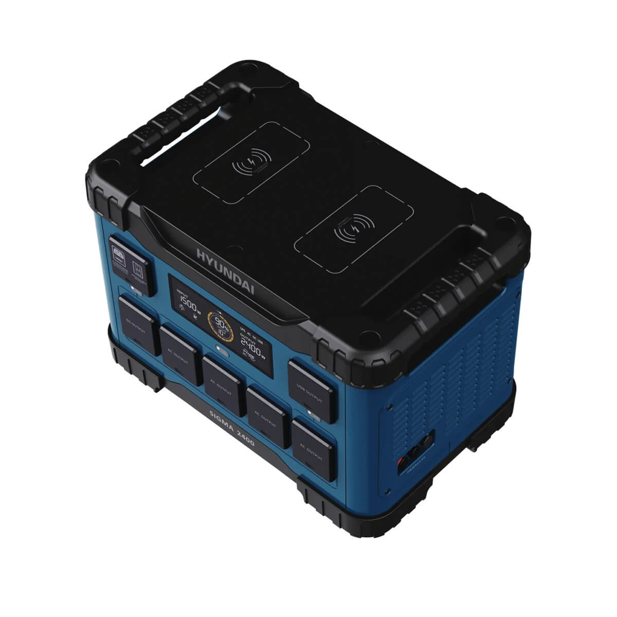 Hyundai 2400W Lithium Power Station showing the top view of the power station having 2 charging points.