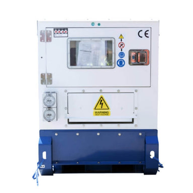 Hyundai 45kVA Three Phase Diesel Generator, rear view of generator placed on a white background.