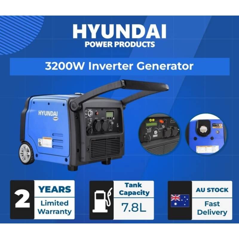 Hyundai 3200W Portable Inverter Generator, image showing details on the generator.