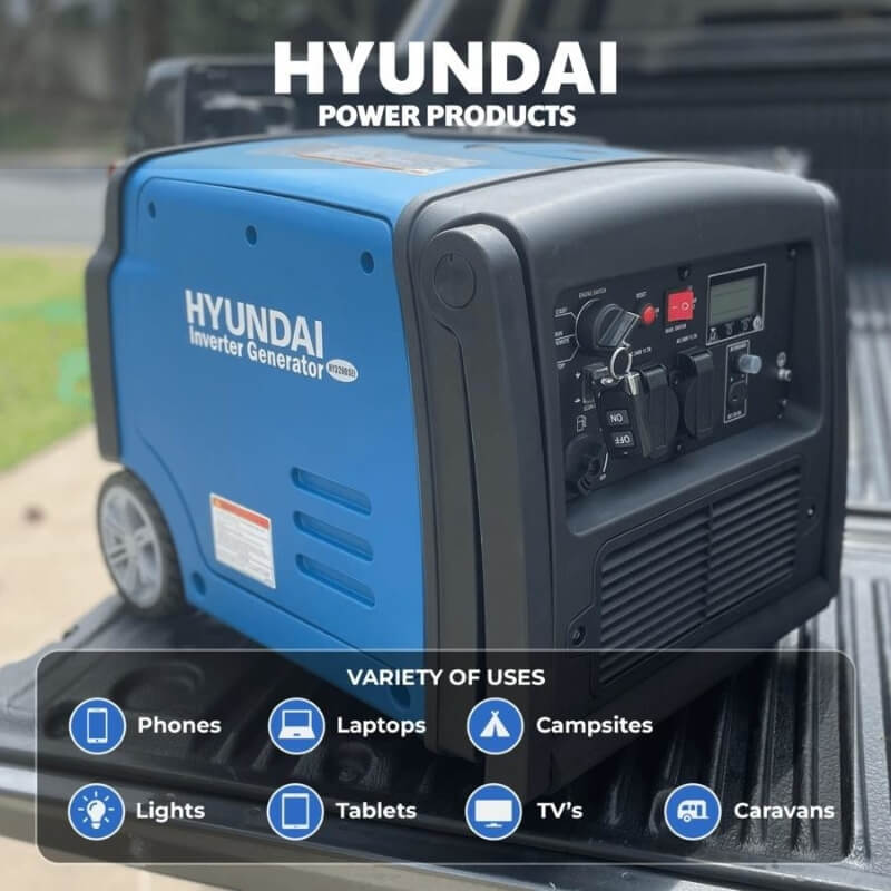 Hyundai 3200W Portable Inverter Generator on a platform.