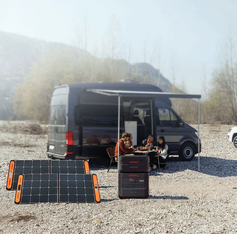 Jackery Explorer 1000 Plus Portable Power Station beside a caping van with people.