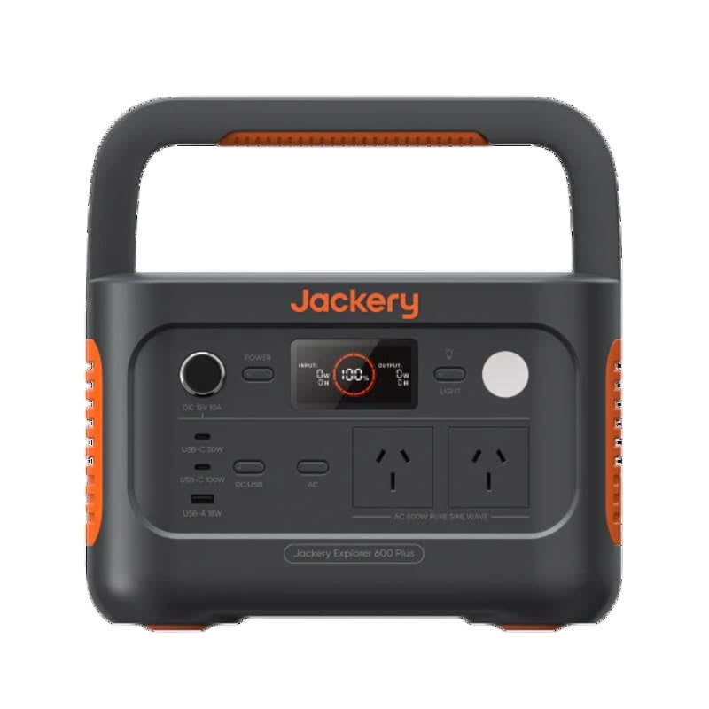 Jackery Explorer 600 Plus Portable Power Station with handles up, on a white background.
