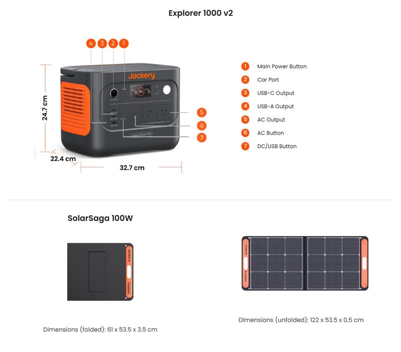 Solar Generator 1000 v2 (Explorer 1000 v2 + SolarSaga 100W x1) - Explorer 1000 dimensions on a white background