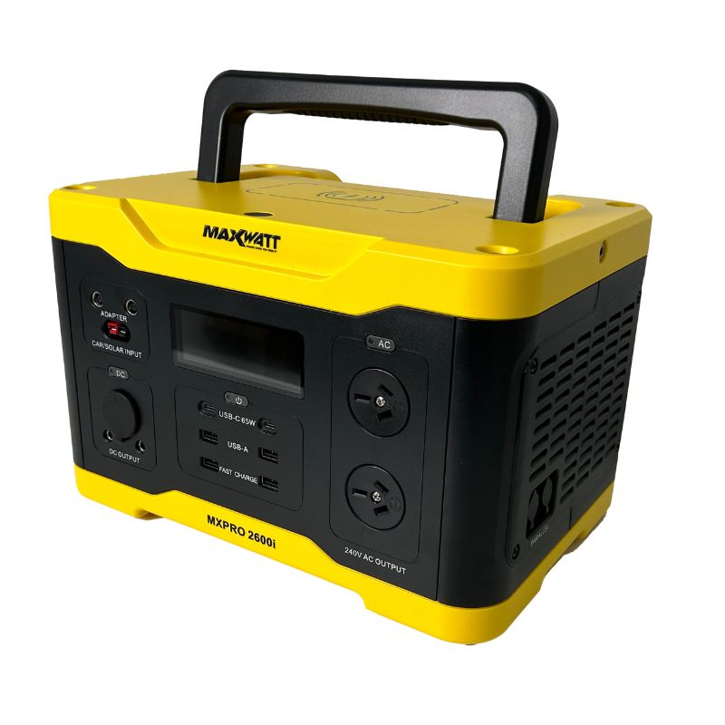 MaxWatt MXPRO2600I 1300W Portable Power Station, angular view with raised handle.