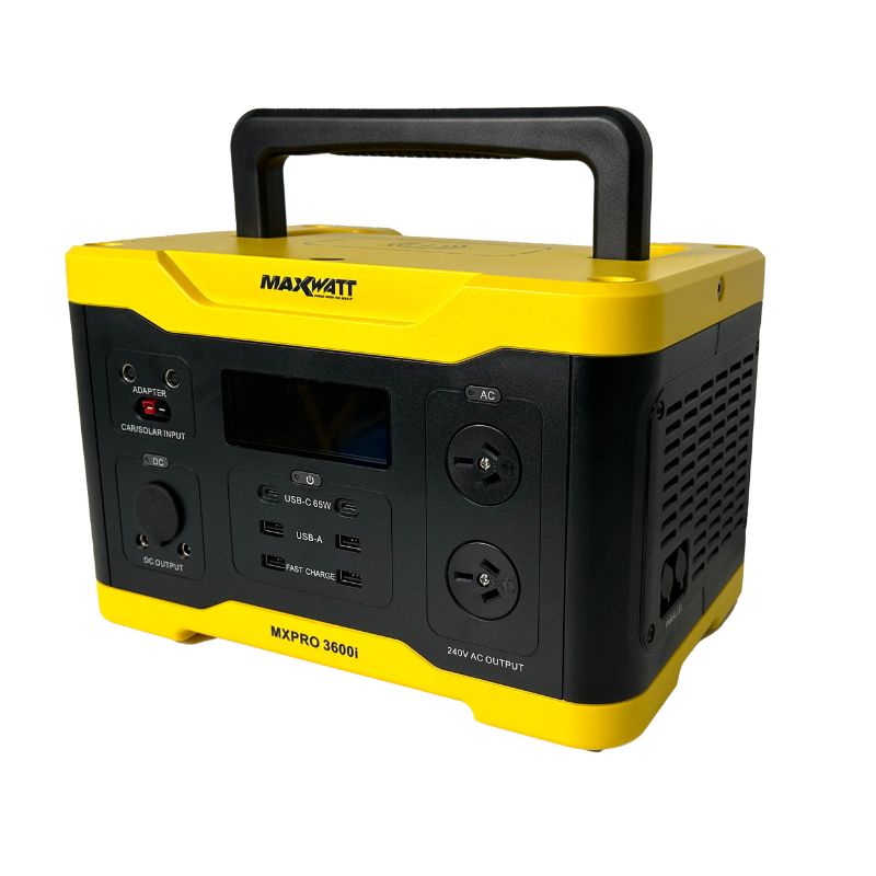 MaxWatt MXPRO3600I 1800W Portable Power Station's angular view with raised handle.