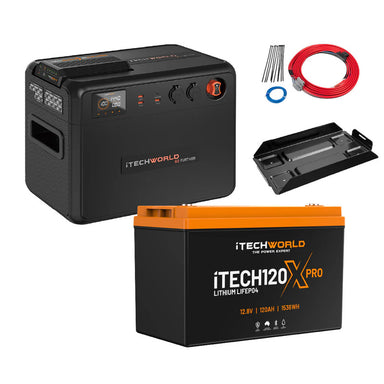 Premium GoFurther Dual Battery System with iTECHDCDC40 Battery Charger and iTECH120X PRO Lithium Battery with Bluetooth - battery kit on a white background.