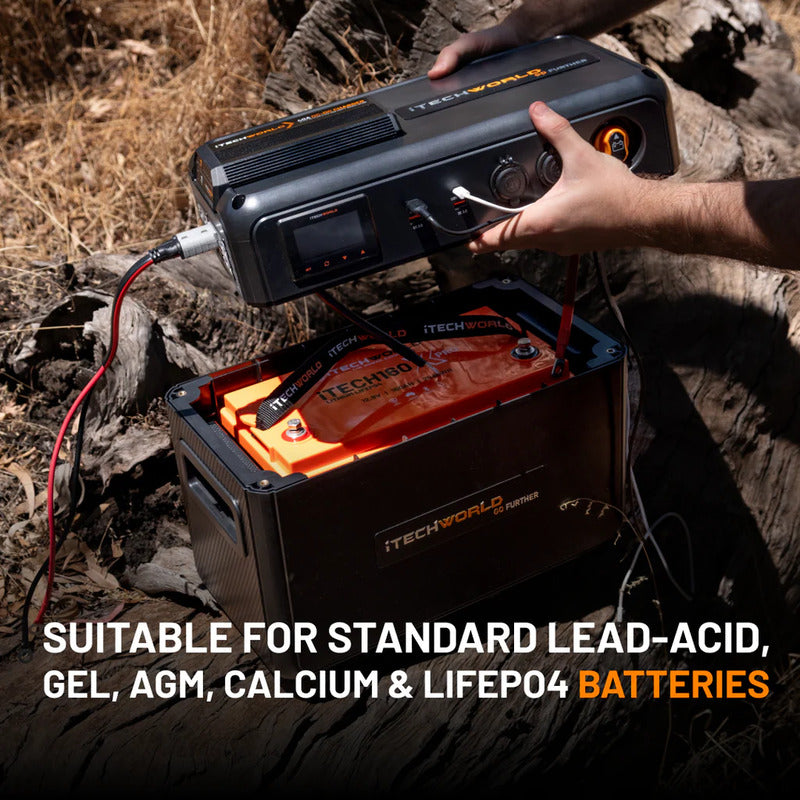 Premium GoFurther Dual Battery System with iTECHDCDC40 Battery Charger and iTECH120X PRO Lithium Battery with Bluetooth - battery kit opened in theoods