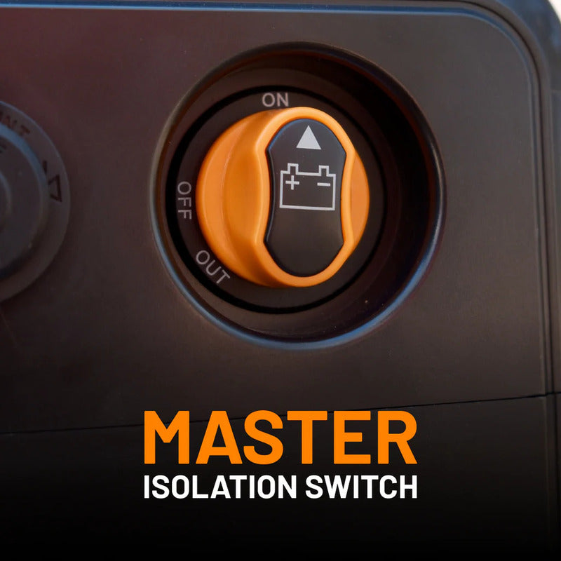 Premium GoFurther Dual Battery System with iTECHDCDC40 Battery Charger and iTECH120X PRO Lithium Battery with Bluetooth - showing the master isolation switch.