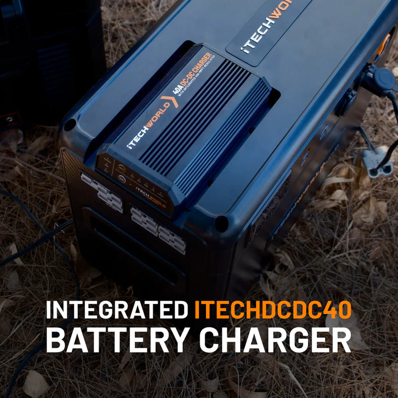 Premium GoFurther Dual Battery System with iTECHDCDC40 Battery Charger and iTECH120X PRO Lithium Battery with Bluetooth - battery kit on the ground.