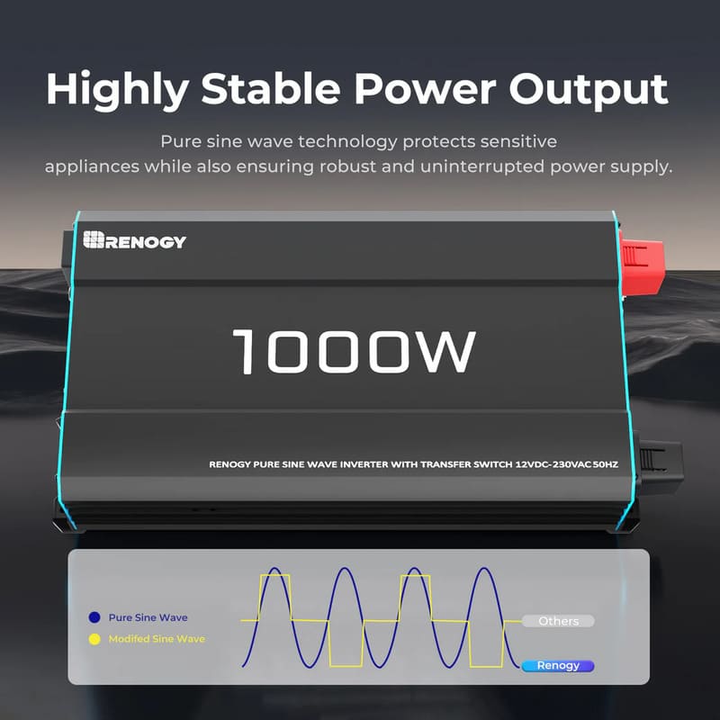 Renogy 1000W 12V to 230V/240V Pure Sine Wave Inverter (with UPS Function)-highly stable power output