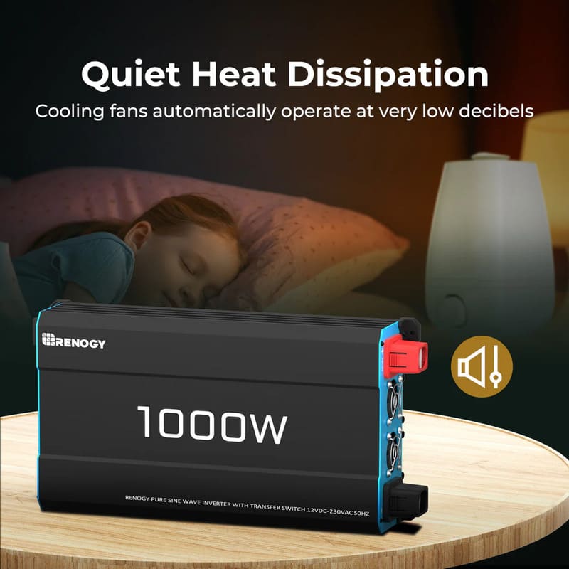 Renogy 1000W 12V to 230V/240V Pure Sine Wave Inverter (with UPS Function)-quiet heat dissipation