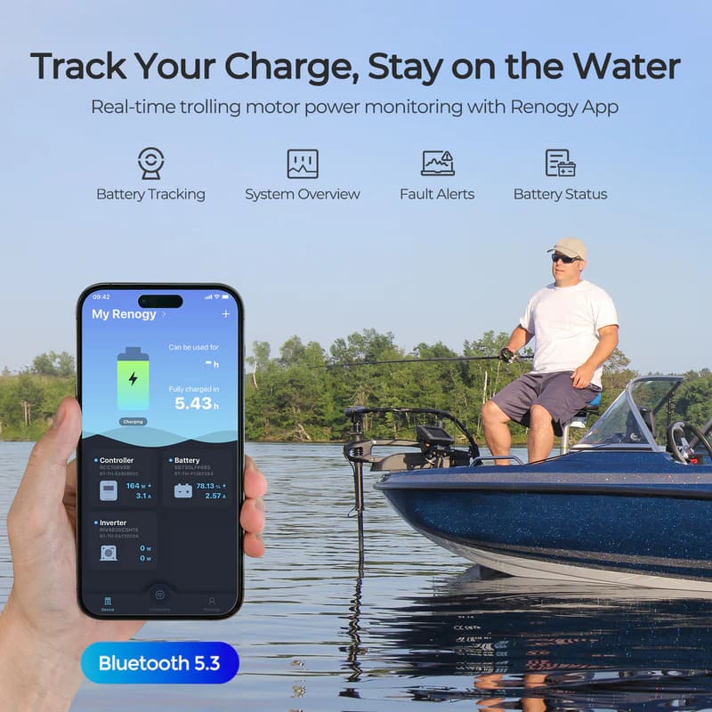 Renogy 12V 100Ah Trolling Motor Group 24 LiFePO4 Battery w/ Bluetooth-app monitoring display