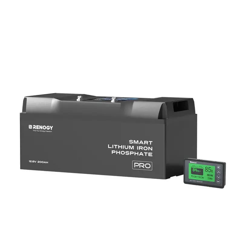 Renogy 12V 200Ah Pro Deep Cycle Lithium Iron Phosphate Battery w/ Bluetooth & Self-Heating with monitor on white background.