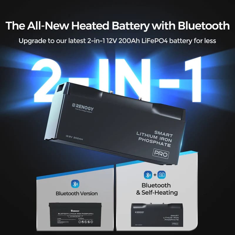 Renogy 12V 200Ah Pro Deep Cycle Lithium Iron Phosphate Battery w/ Bluetooth & Self-Heating, battery with bluetooth.