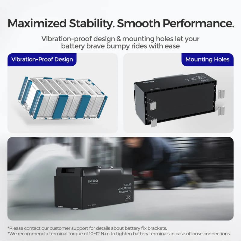 Renogy 12V 200Ah Pro Deep Cycle Lithium Iron Phosphate Battery w/ Bluetooth & Self-Heating-vibration-proof design and mounting holes