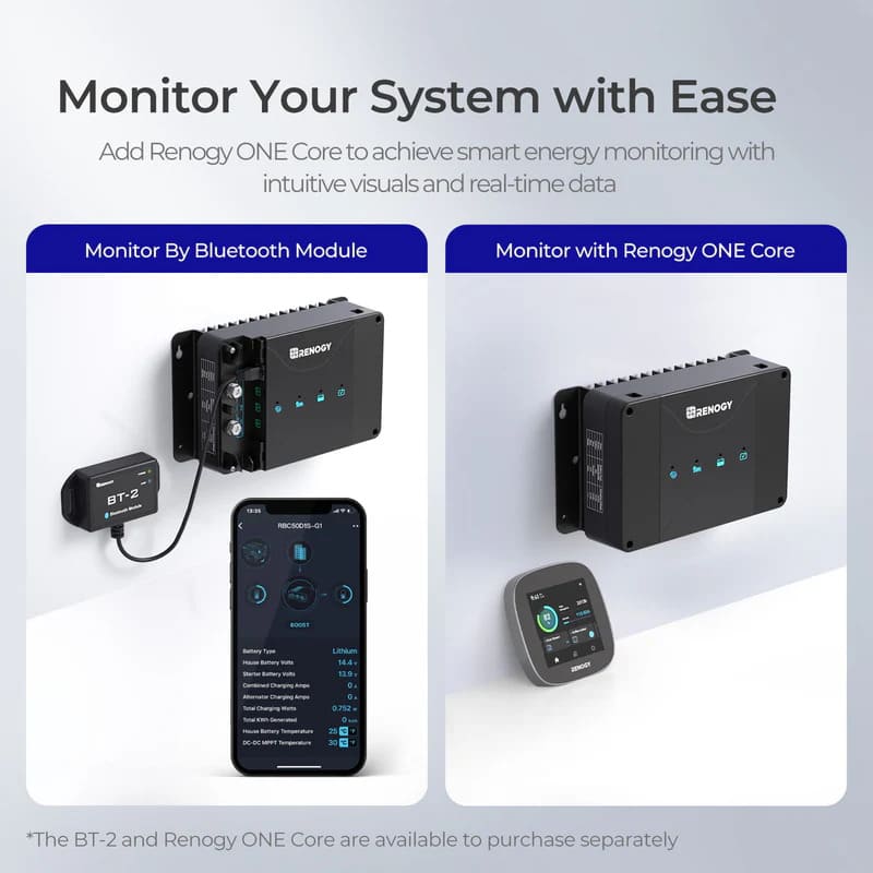 Renogy 12V 30/50A DC-DC On-Board Battery Charger with MPPT - monitor your system with ease