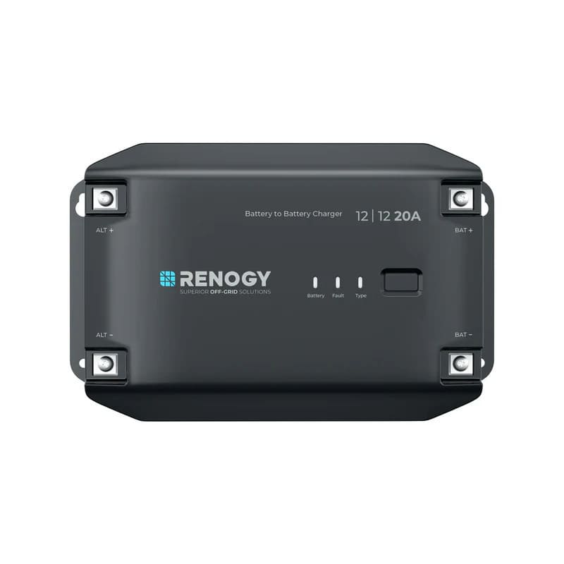 Renogy 12V 20/40A DC to DC Battery Charger on a white bg