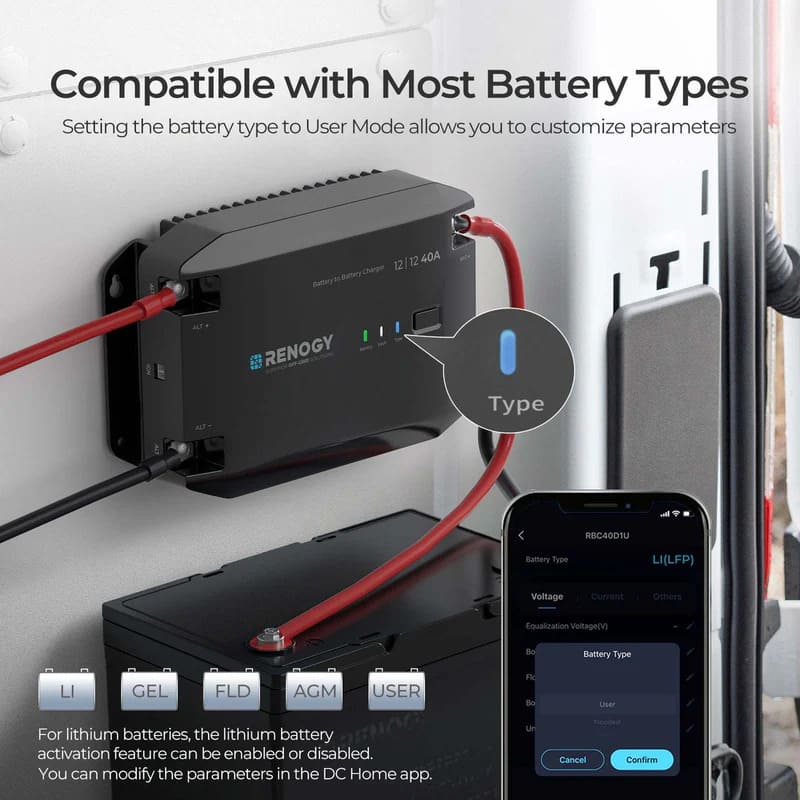 Renogy 12V 20/40A DC to DC Battery Charger- batteries compatible
