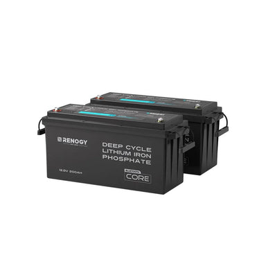 Renogy Core 12V 200Ah Lithium Iron Phosphate Battery w/ Bluetooth-2 batteries on a white background