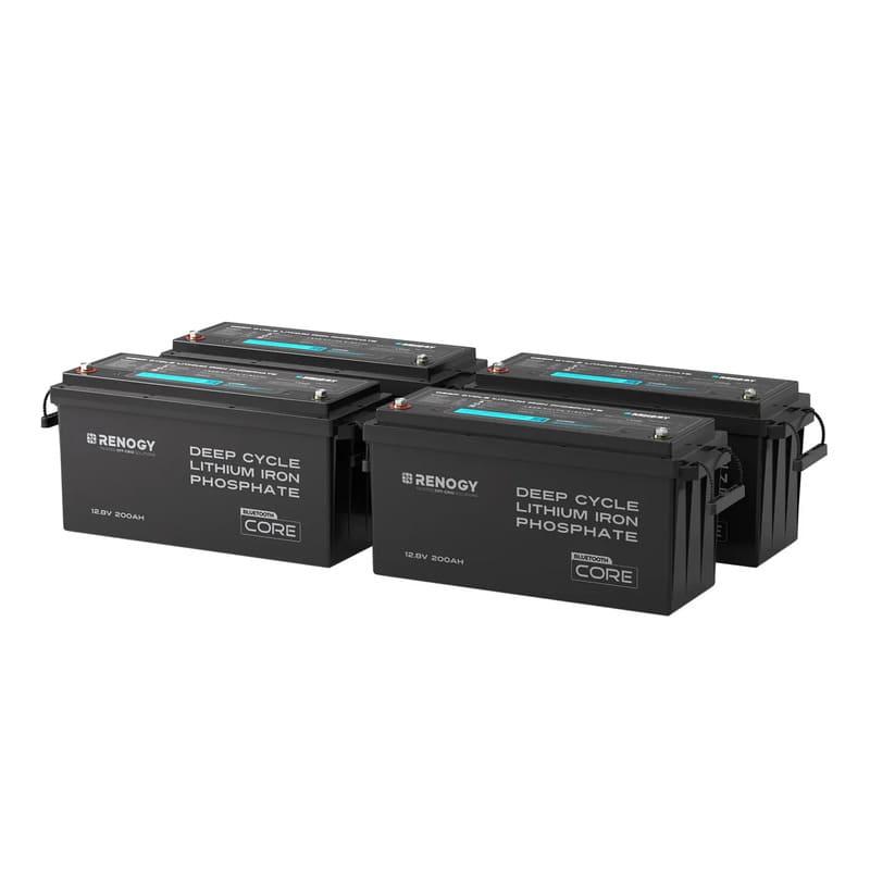Renogy Core 12V 200Ah Lithium Iron Phosphate Battery w/ Bluetooth-4 batteries on a white background