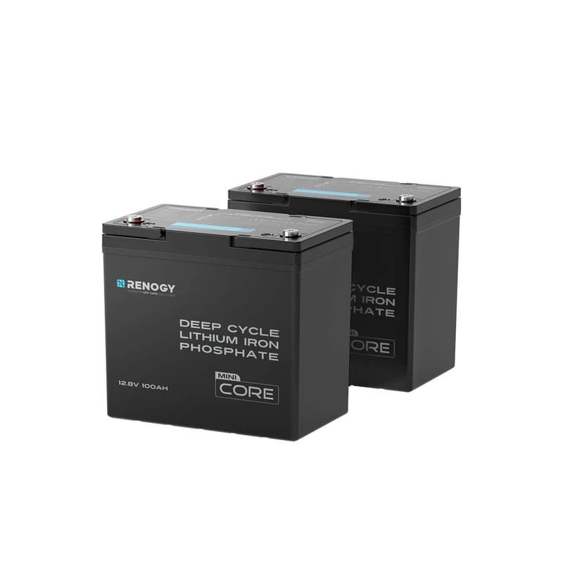 Renogy Core Mini 12.8V 100Ah Lithium Iron Phosphate Battery-2 batteries on white bg
