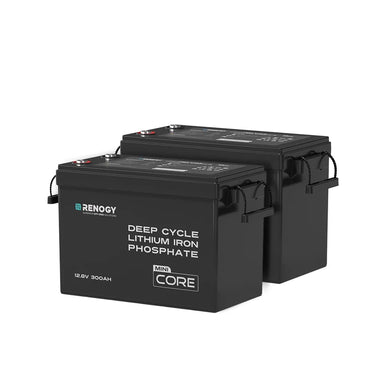Renogy Core Mini 12.8V 300Ah Lithium Iron Phosphate Battery w/ Low-Temperature Protection 2 batteries on white background