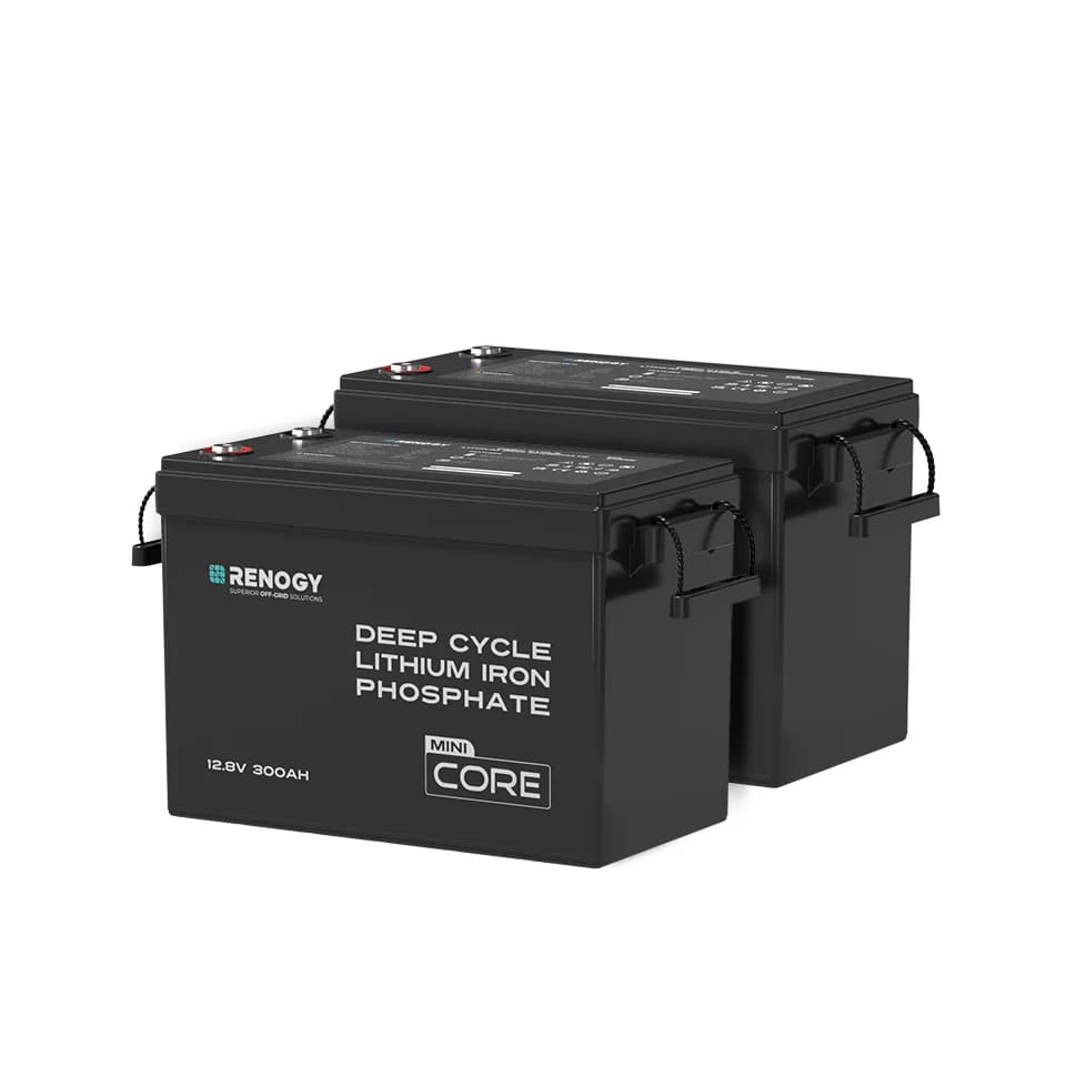 Renogy Core Mini 12.8V 300Ah Lithium Iron Phosphate Battery w/ Low-Temperature Protection 2 batteries on white background