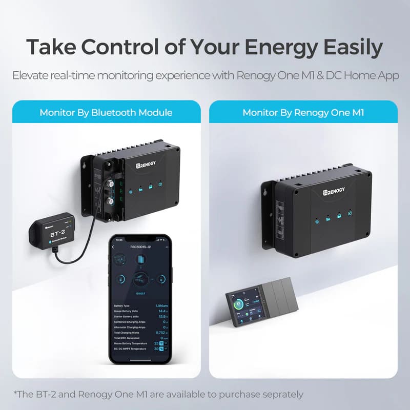Renogy DCC50S 12V 50A Dual Input DC to DC Battery Charger with MPPT w/ Renogy ONE Core - take control of your energy easily.