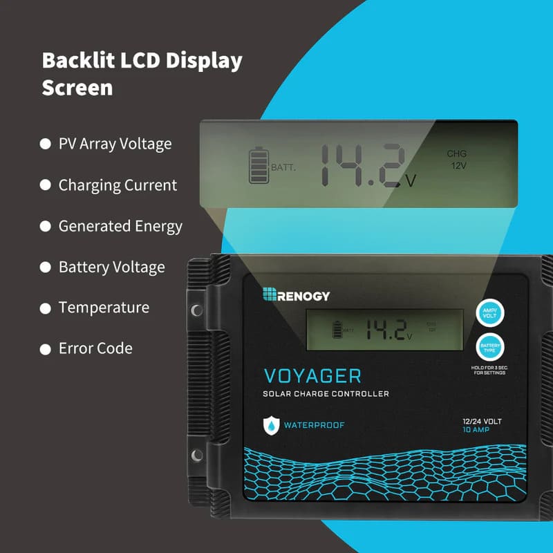 Renogy New Edition Voyager 20A PWM Waterproof Solar Charge Controller - backlit LCD display