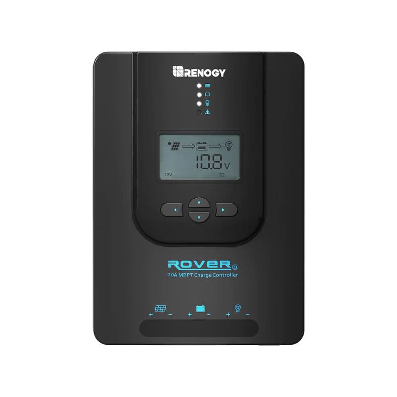 Renogy Rover Li 20 Amp MPPT Solar Charge Controller on a white bg