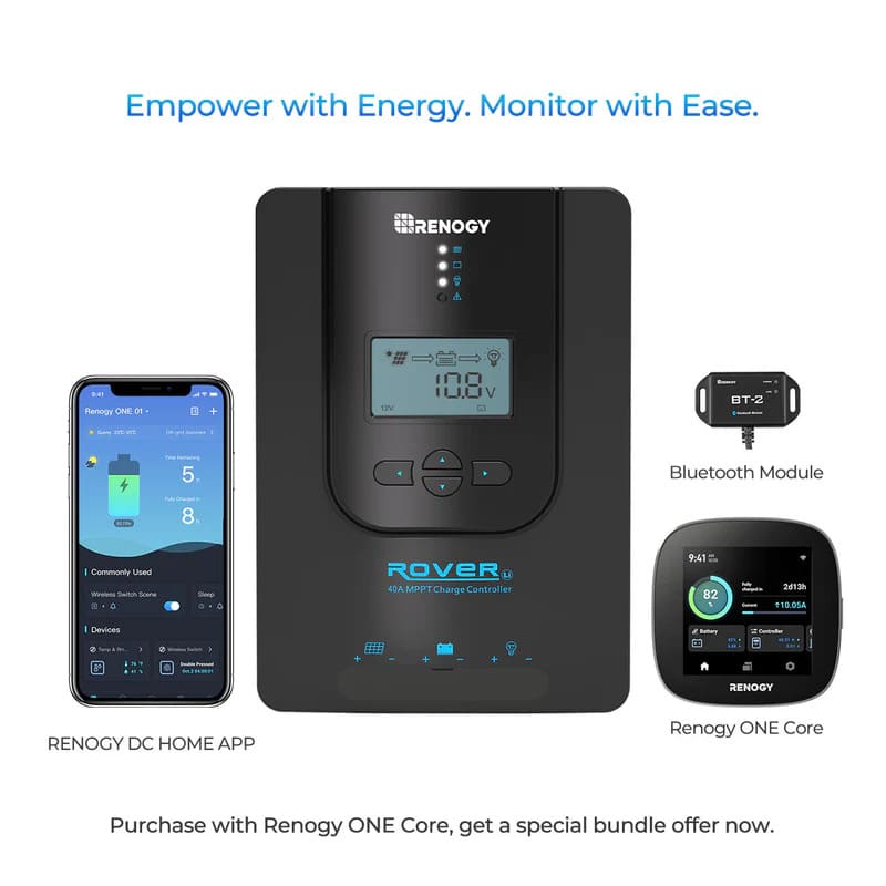 Renogy Rover Li 60A 12/24/36/48V MPPT Solar Charge Controller with Renogy ONE Core on a white bg