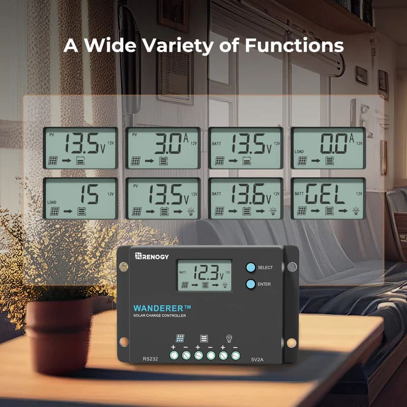 Renogy Wanderer 10A PWM Charge Controller - digital screen displays