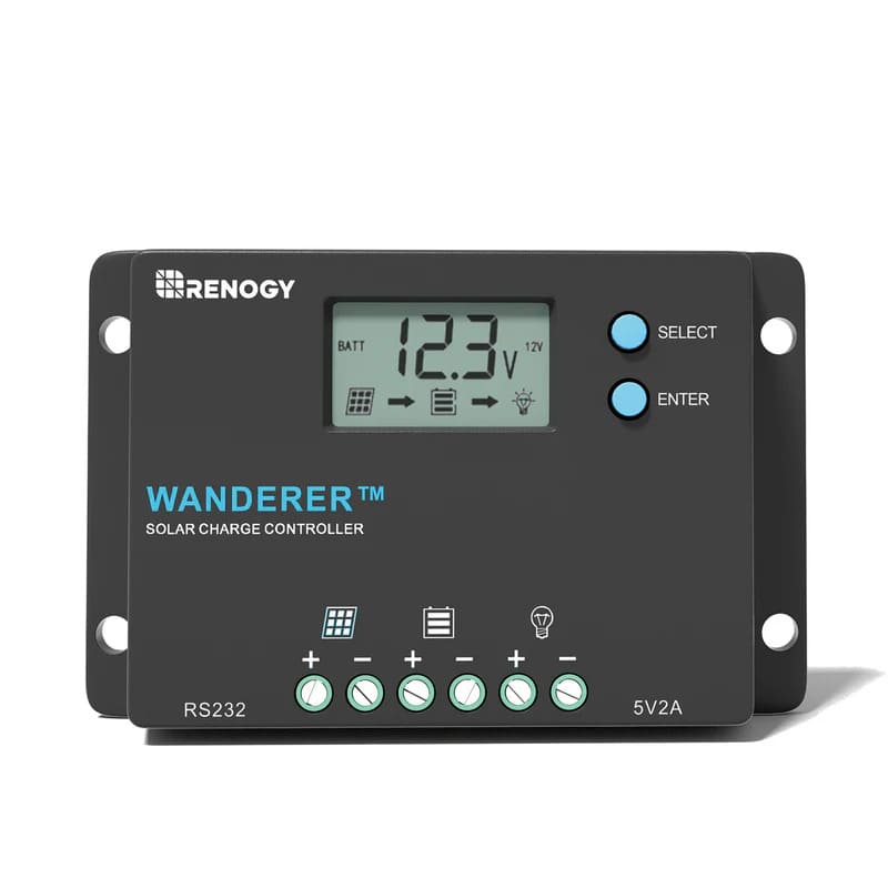 Renogy Wanderer 10A PWM Charge Controller -front view on a white bg