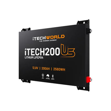 iTechworld 200Ah Ultra Slim Power Core All-In-One Complete System - slim battery on a white background.
