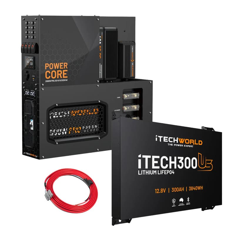 iTechworld 300Ah Ultra Slim Power Core All-In-One Complete System - battery kit on a white bcakground.