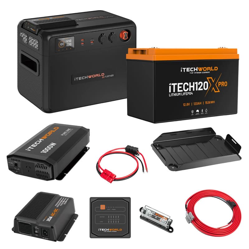 iTechworld Complete Portable Dual Battery Kit 120Ah Lithium - battery kit on a white background