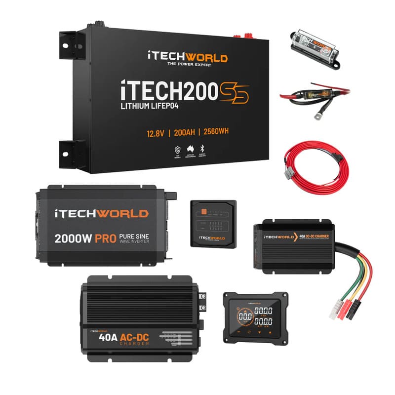 iTechworld Complete Super Slimline 4WD Dual Battery Kit 200Ah Lithium- battery kit on a white bcakground.