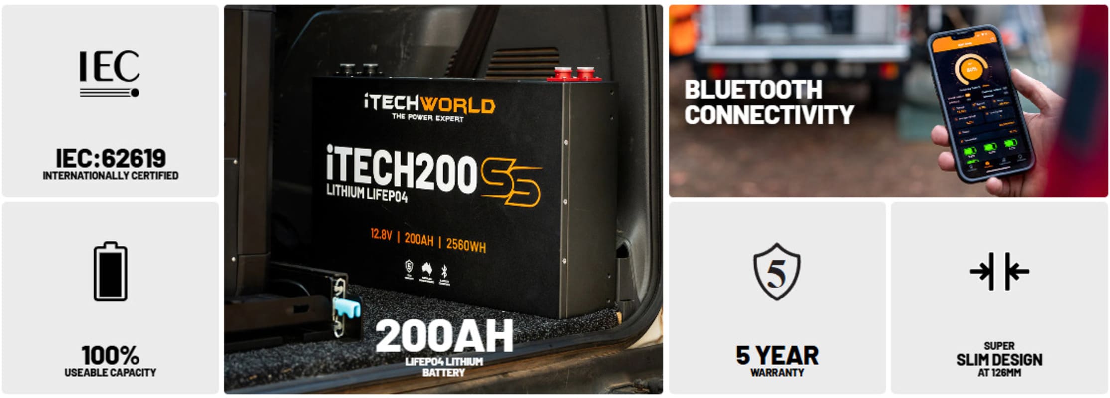 iTechworld Complete Super Slimline 4WD Dual Battery Kit 200Ah Lithium - battery features display