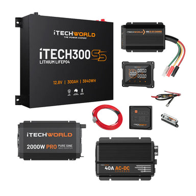 iTechworld Complete Super Slimline Canopy Dual Battery Kit 300Ah Lithium - battery kit on a white back ground.
